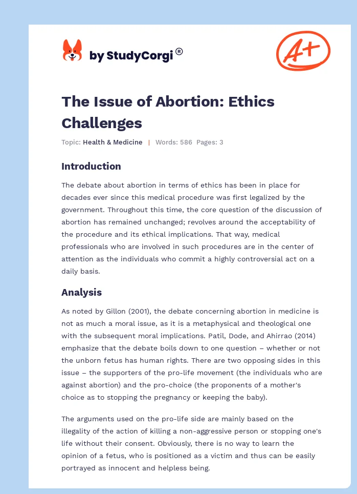 The Issue of Abortion: Ethics Challenges. Page 1