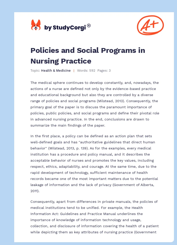 Policies and Social Programs in Nursing Practice. Page 1