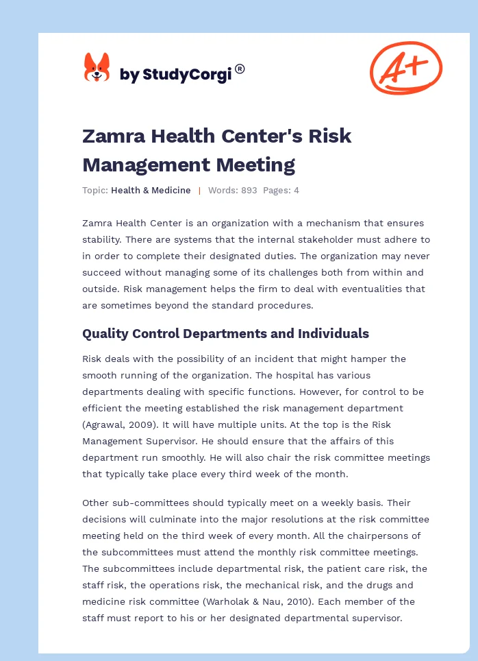 Zamra Health Center's Risk Management Meeting. Page 1