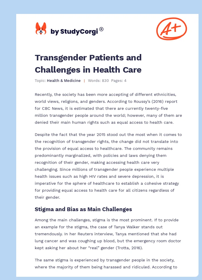 Transgender Patients and Challenges in Health Care. Page 1