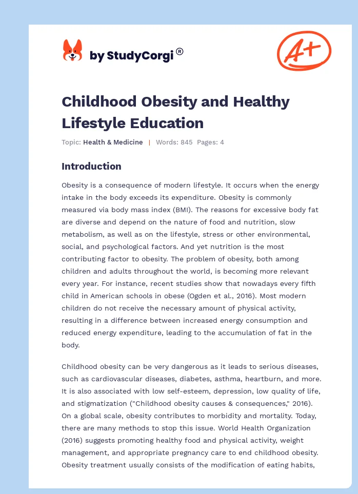 Childhood Obesity and Healthy Lifestyle Education. Page 1