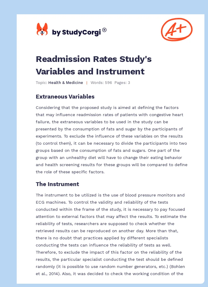 Readmission Rates Study's Variables and Instrument. Page 1