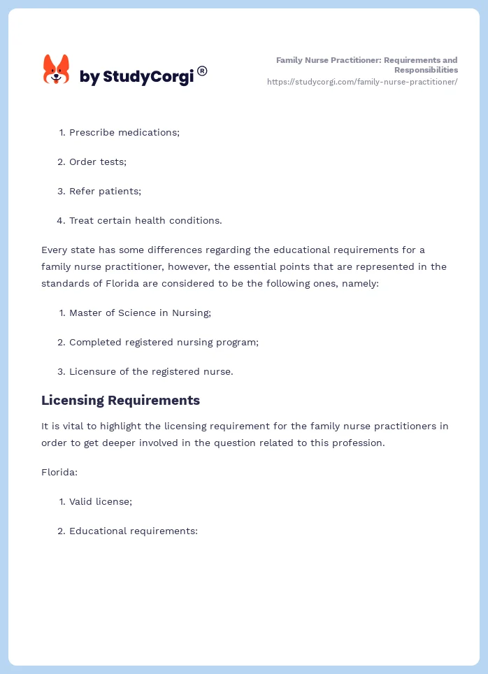 Family Nurse Practitioner: Requirements and Responsibilities. Page 2