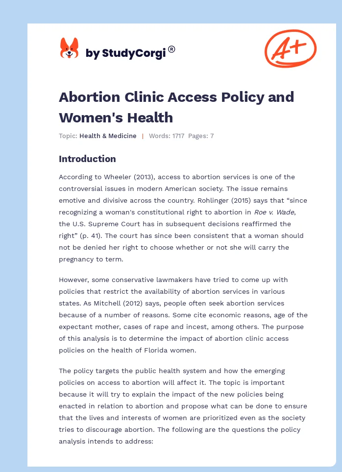 Abortion Clinic Access Policy and Women's Health. Page 1