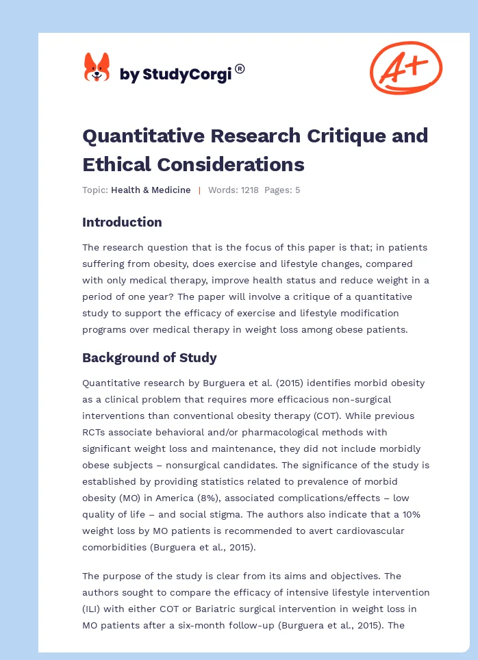Quantitative Research Critique and Ethical Considerations. Page 1