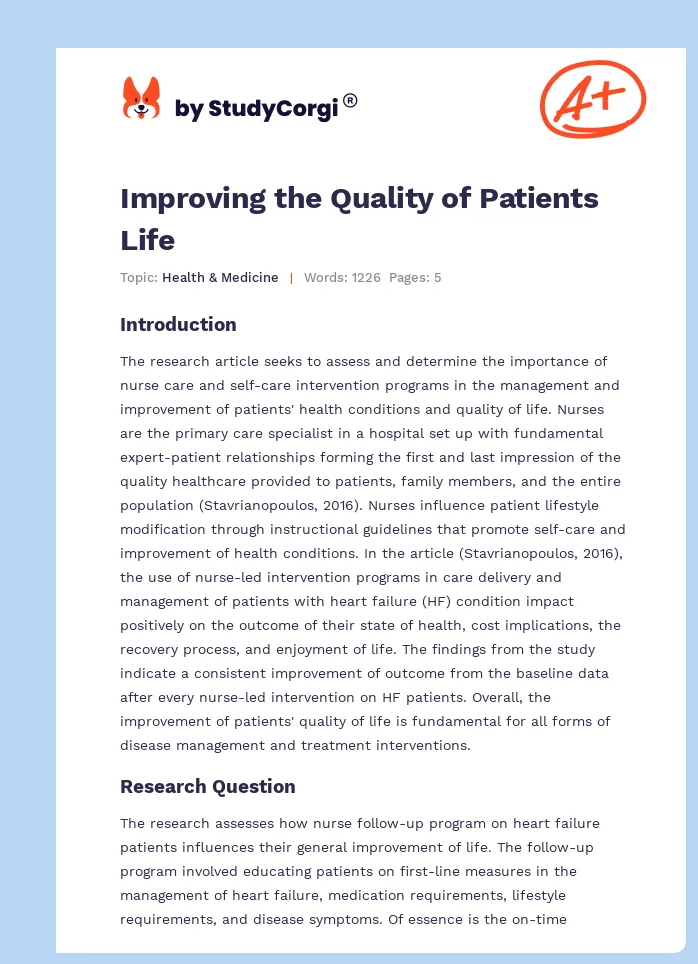 Improving the Quality of Patients Life. Page 1