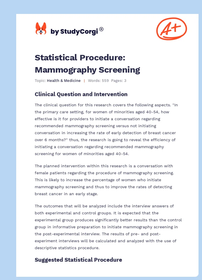 Statistical Procedure: Mammography Screening. Page 1