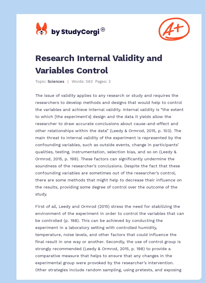 Research Internal Validity and Variables Control. Page 1