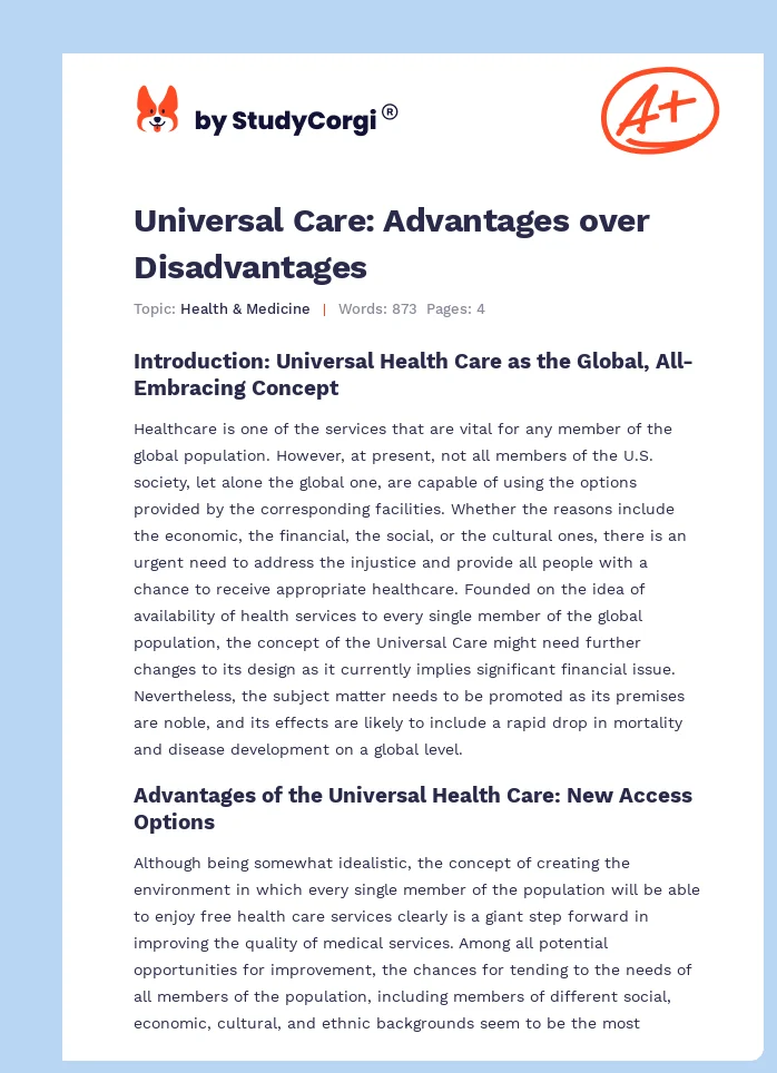Universal Care: Advantages over Disadvantages. Page 1