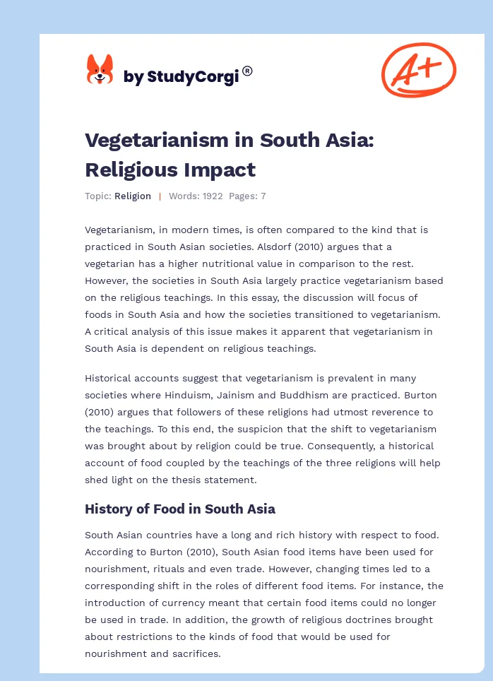 Vegetarianism in South Asia: Religious Impact. Page 1