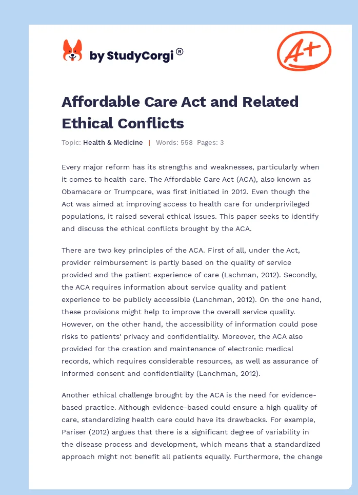 Affordable Care Act and Related Ethical Conflicts. Page 1