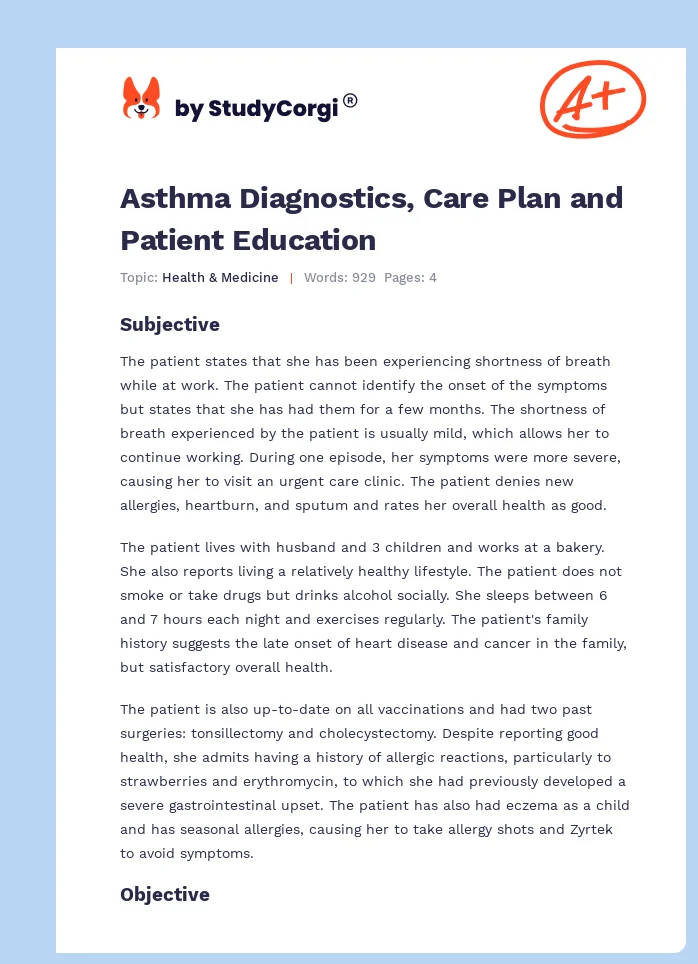 Asthma Diagnostics, Care Plan and Patient Education. Page 1