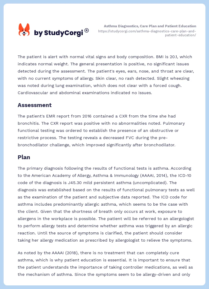 Asthma Diagnostics, Care Plan and Patient Education. Page 2