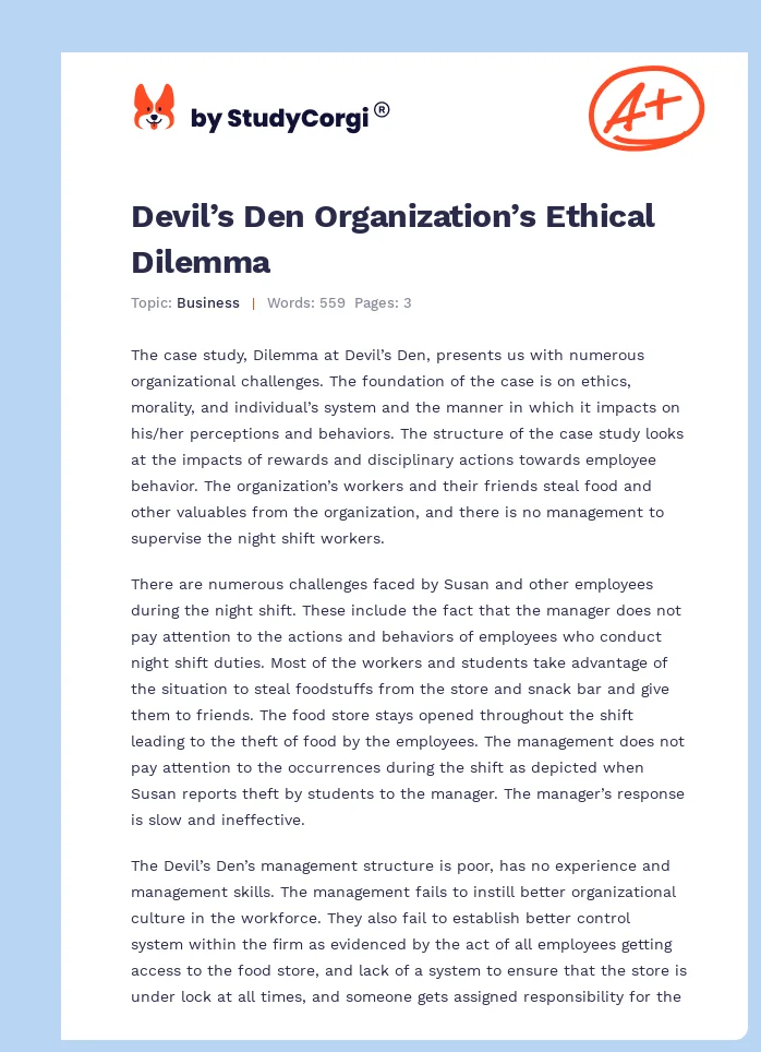 Devil’s Den Organization’s Ethical Dilemma. Page 1