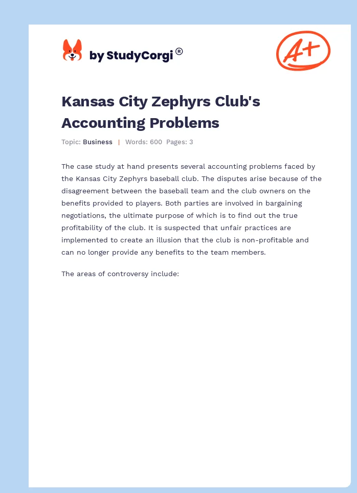 Kansas City Zephyrs Club's Accounting Problems. Page 1