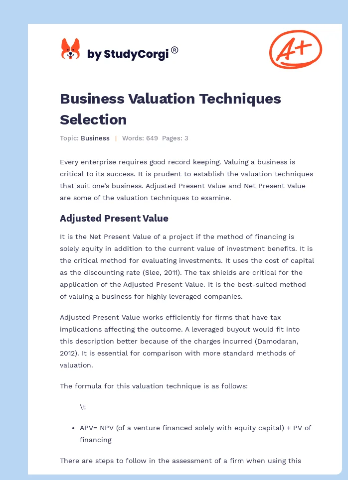 Business Valuation Techniques Selection. Page 1