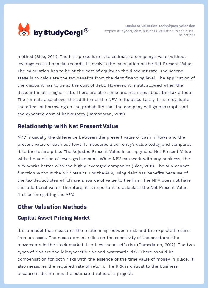 Business Valuation Techniques Selection. Page 2