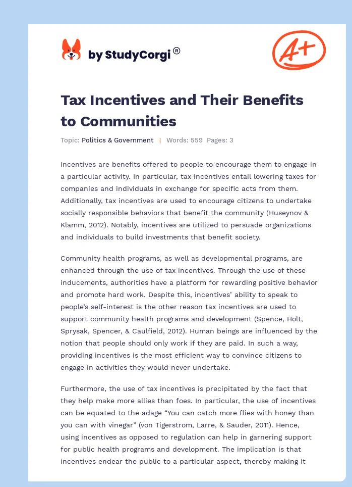 Tax Incentives and Their Benefits to Communities. Page 1