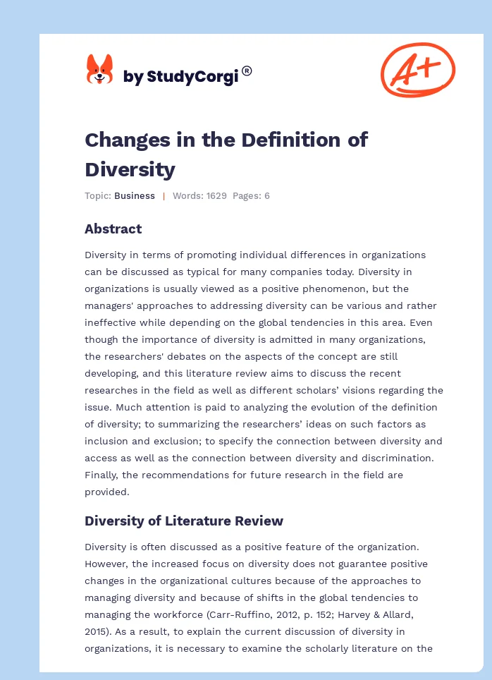 Changes in the Definition of Diversity. Page 1