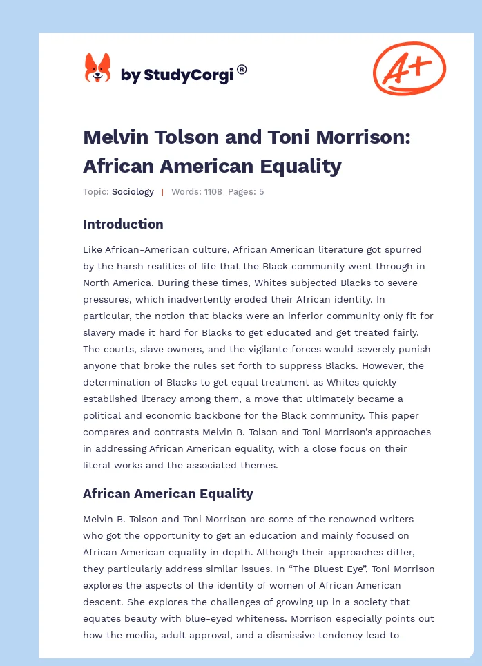 Melvin Tolson and Toni Morrison: African American Equality. Page 1