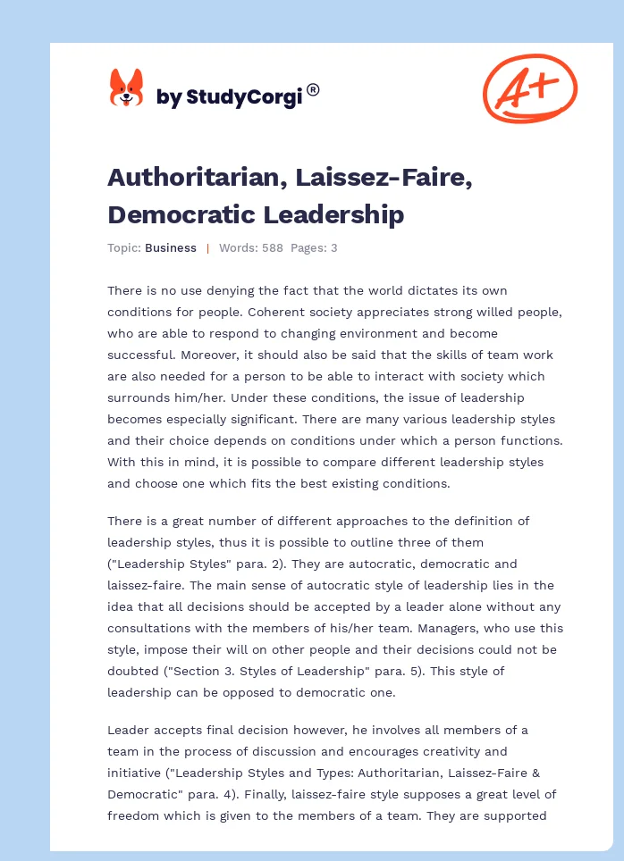 Authoritarian, Laissez-Faire, Democratic Leadership. Page 1