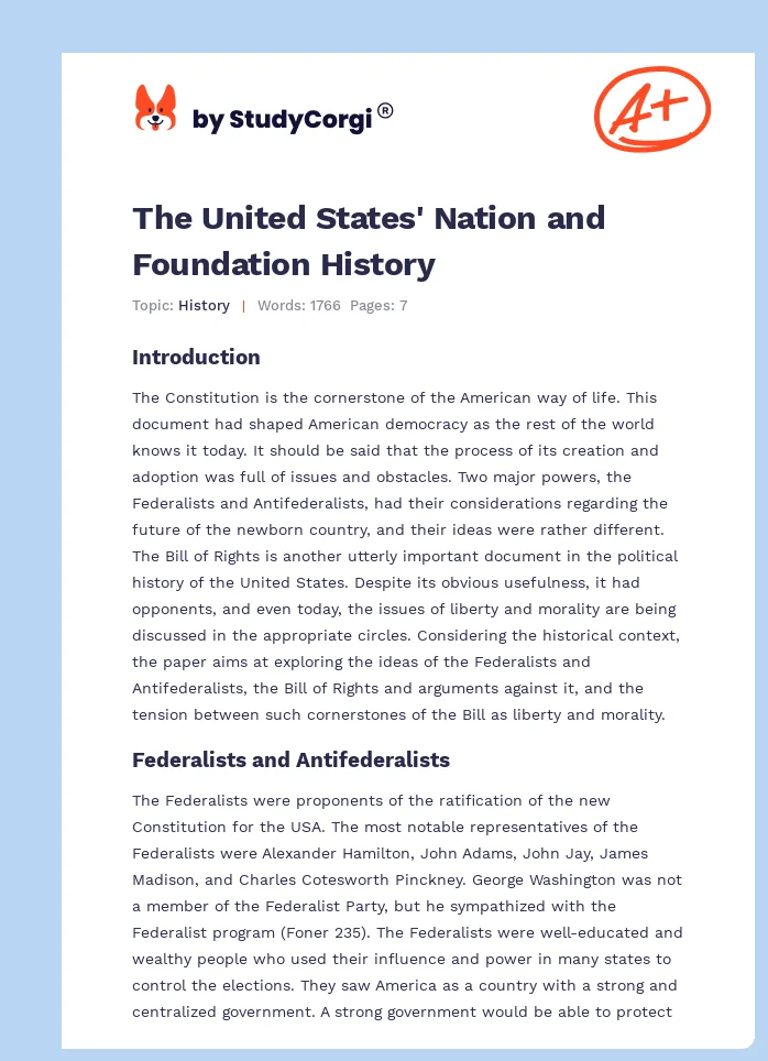 The United States' Nation and Foundation History. Page 1