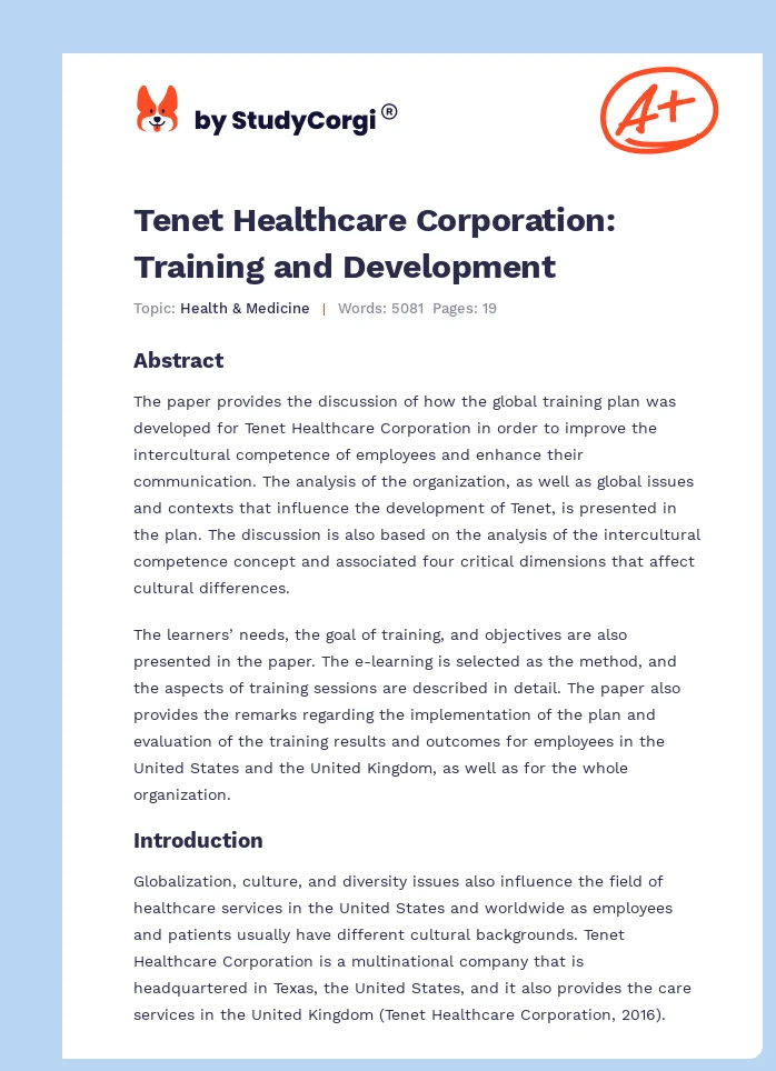 Tenet Healthcare Corporation: Training and Development. Page 1