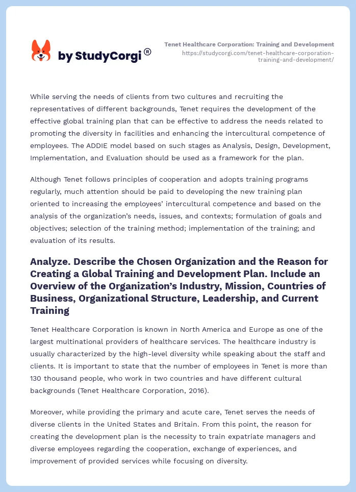 Tenet Healthcare Corporation: Training and Development. Page 2
