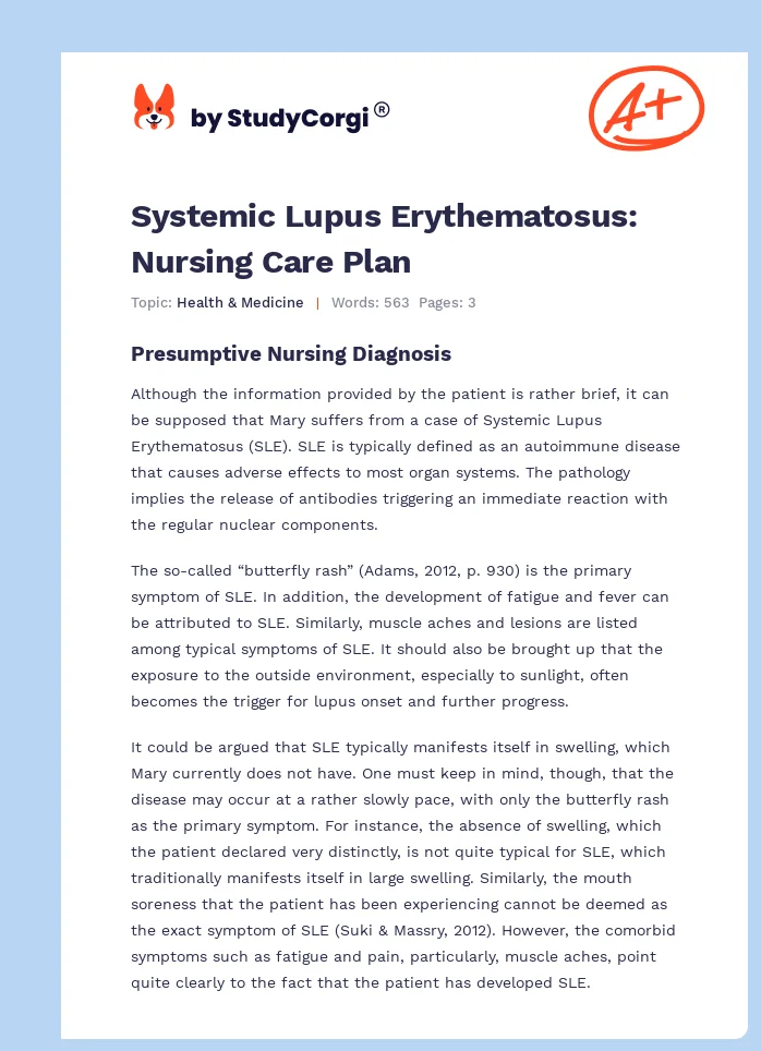 Systemic Lupus Erythematosus: Nursing Care Plan. Page 1
