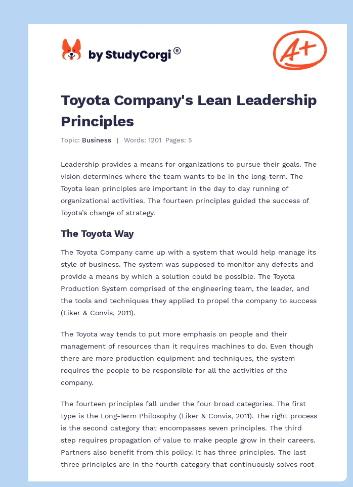 Toyota Company's Lean Leadership Principles. Page 1