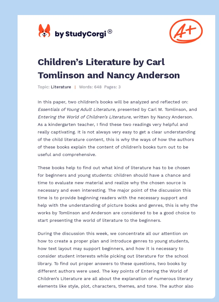 Children’s Literature by Carl Tomlinson and Nancy Anderson. Page 1