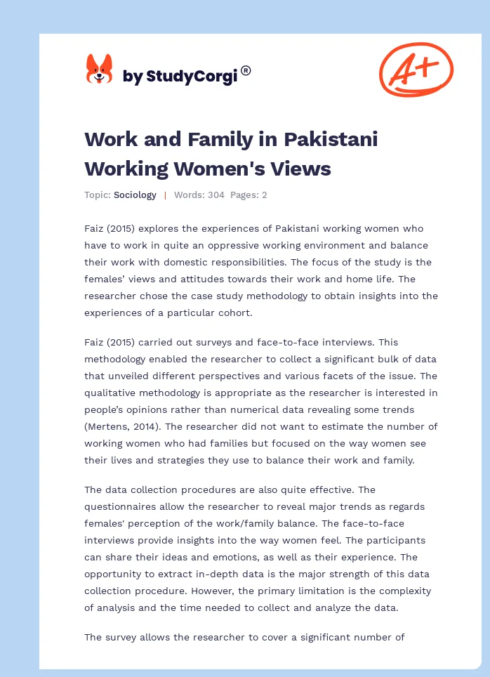 Work and Family in Pakistani Working Women's Views. Page 1