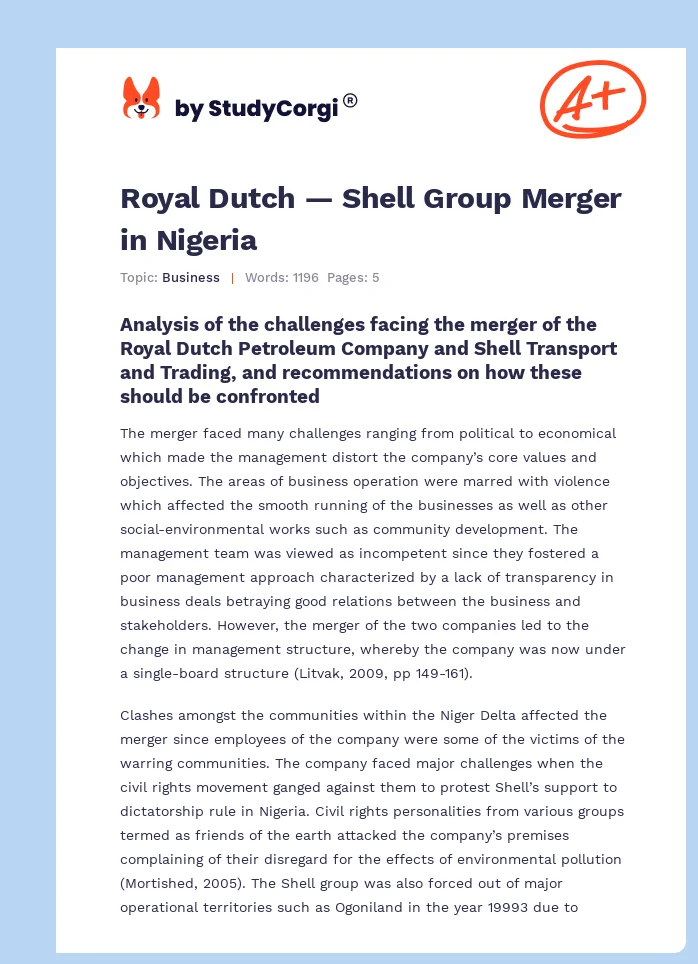 Royal Dutch — Shell Group Merger in Nigeria. Page 1