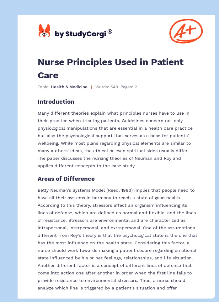 Nurse Principles Used in Patient Care. Page 1