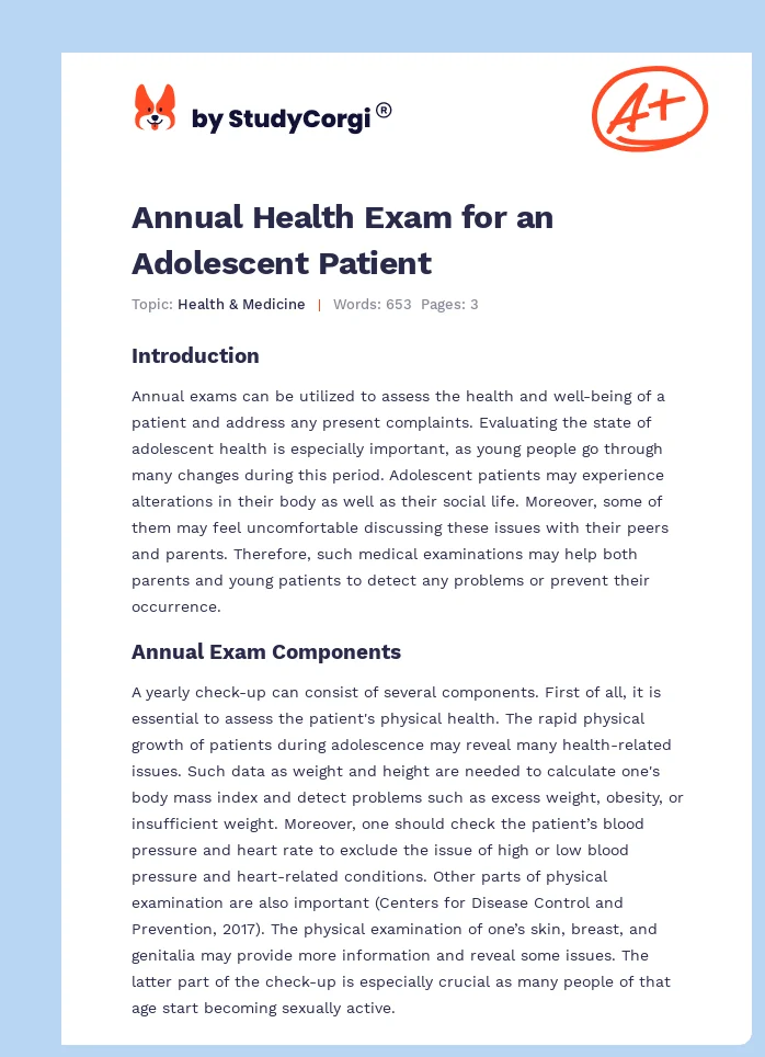 Annual Health Exam for an Adolescent Patient. Page 1