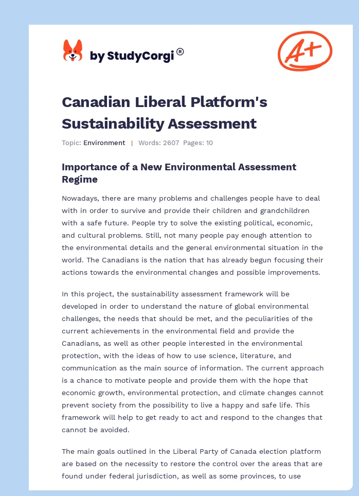 Canadian Liberal Platform's Sustainability Assessment. Page 1