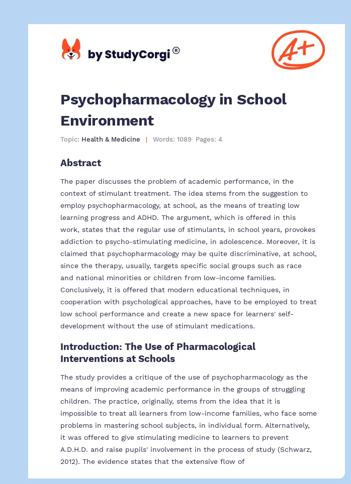 Psychopharmacology in School Environment. Page 1