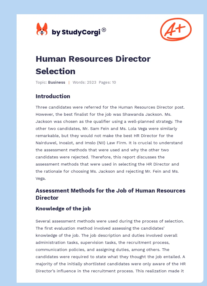 Human Resources Director Selection. Page 1