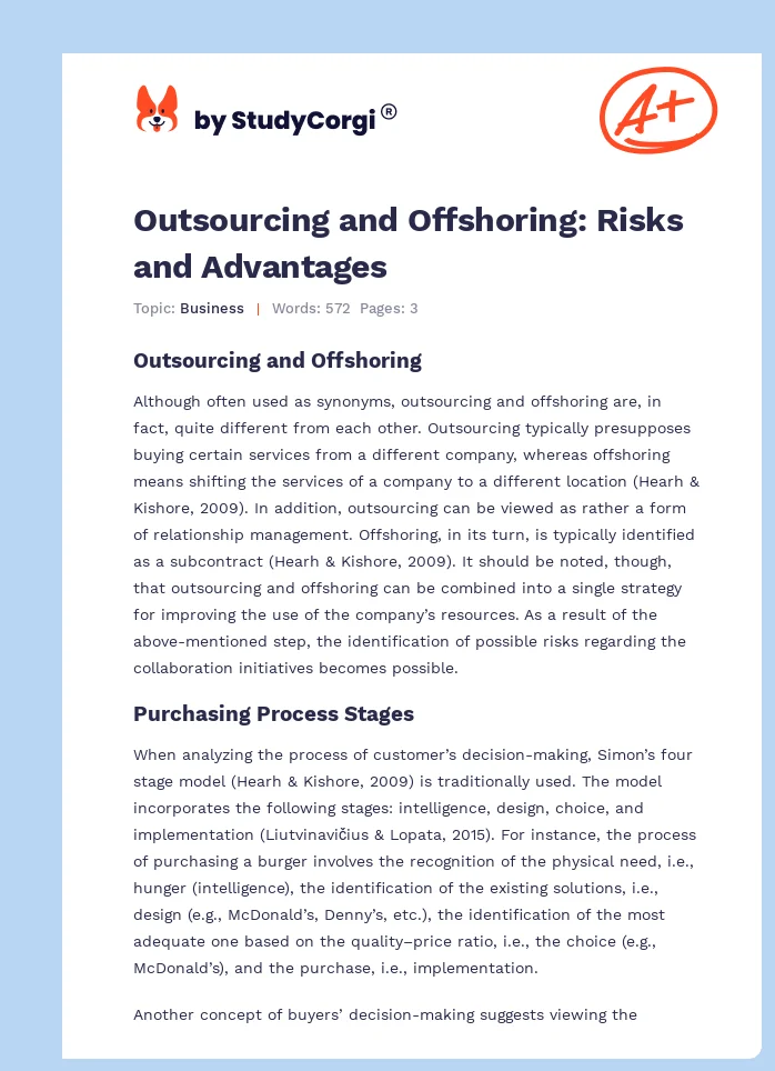 Outsourcing and Offshoring: Risks and Advantages. Page 1