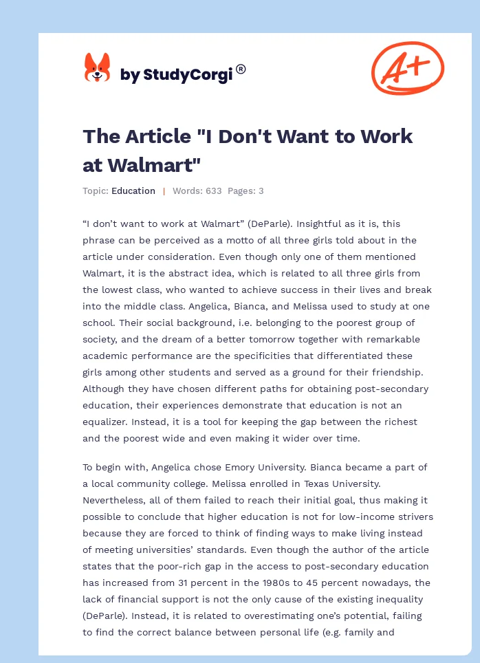 The Article "I Don't Want to Work at Walmart". Page 1