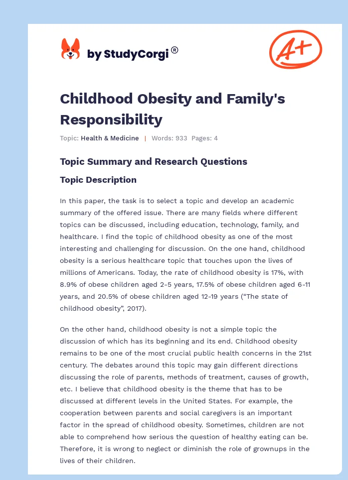 Childhood Obesity and Family's Responsibility. Page 1