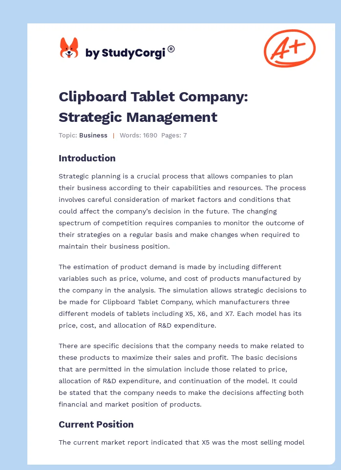 Clipboard Tablet Company: Strategic Management. Page 1