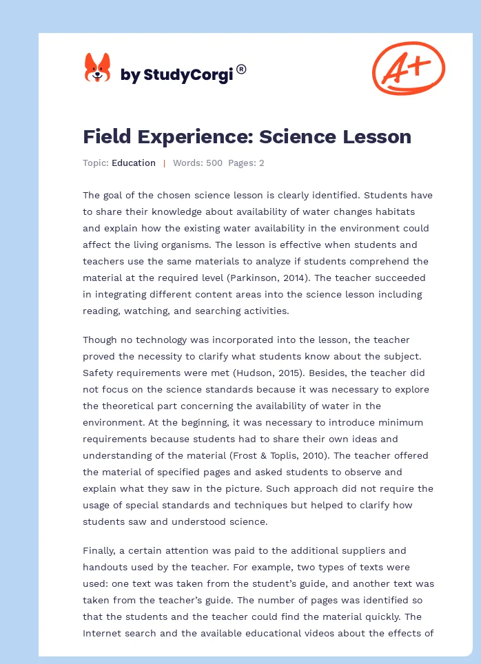 Field Experience: Science Lesson. Page 1
