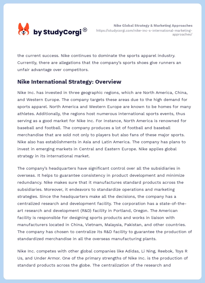 Nike Global Strategy & Marketing Approaches. Page 2