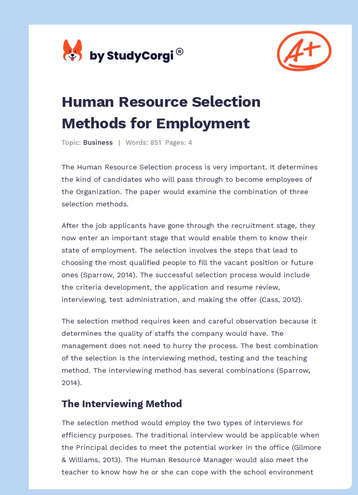 Human Resource Selection Methods for Employment. Page 1