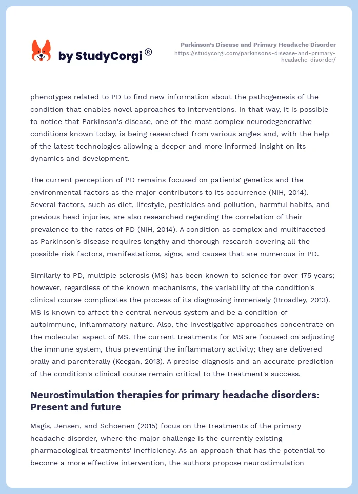 Parkinson’s Disease and Primary Headache Disorder. Page 2