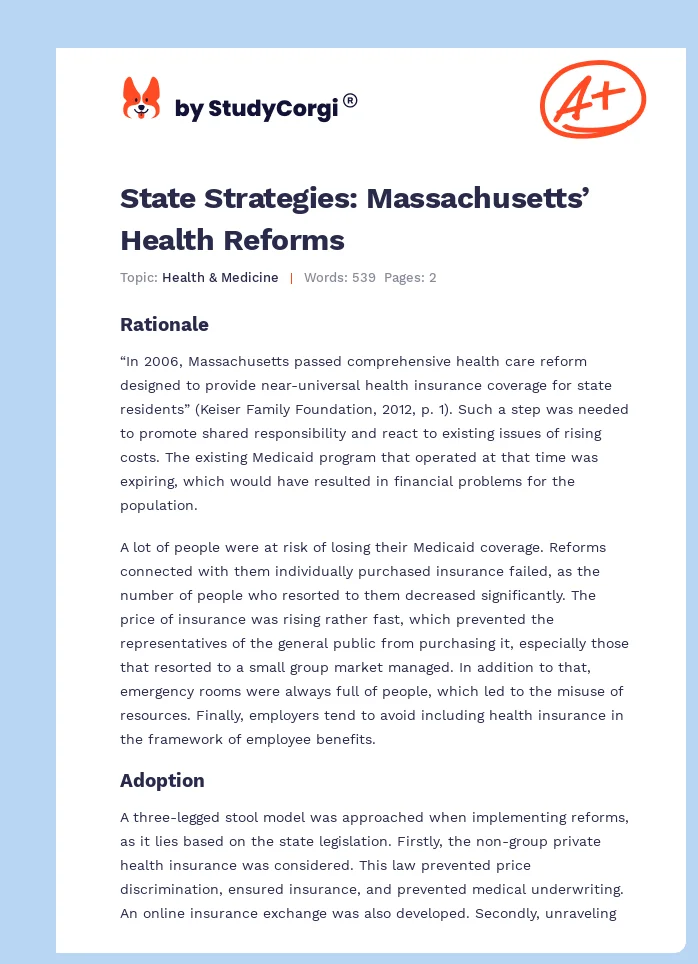 State Strategies: Massachusetts’ Health Reforms. Page 1