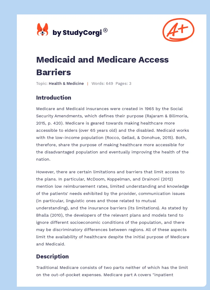 Medicaid and Medicare Access Barriers. Page 1