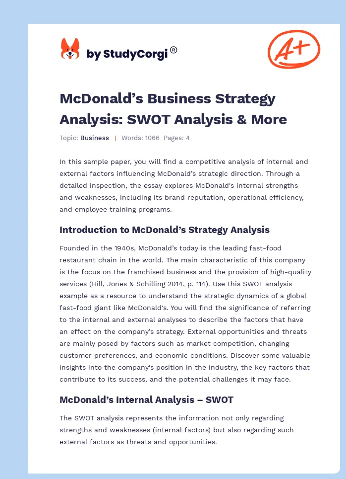 McDonald’s Business Strategy Analysis: SWOT Analysis & More. Page 1