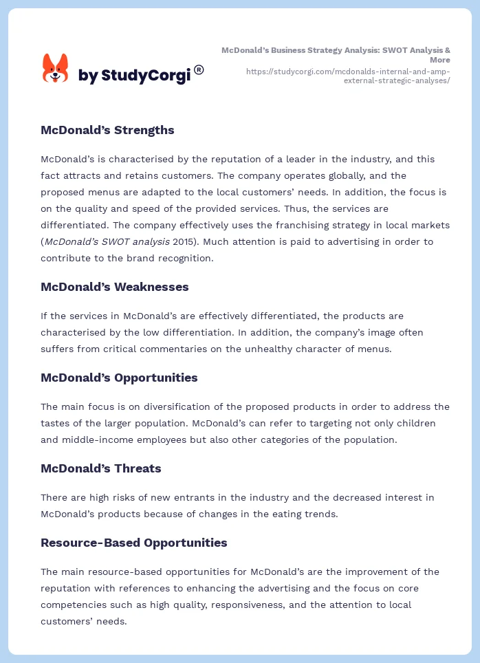 McDonald’s Business Strategy Analysis: SWOT Analysis & More. Page 2